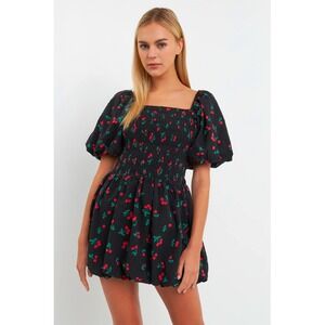 English Factory Black Cherry‎ Print Smocked Mini Dress Medium NWT